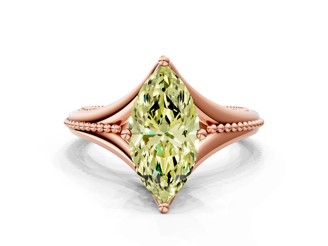 Rose gold Fancy Yellow Marquise  Solitaire Beaded Band Six-Prong Setting