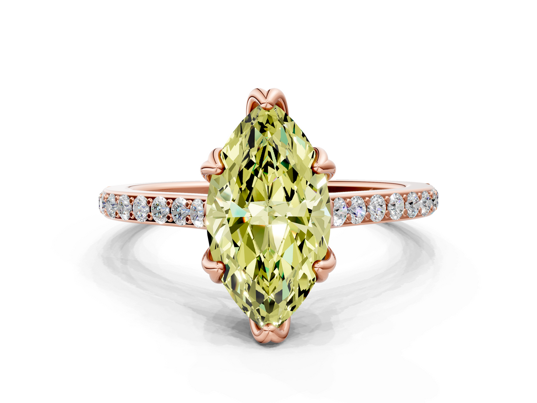 Rose gold Fancy Yellow Marquise  Solitaire Diamond Engagement Ring with Pave Band and Six-Prong Setting