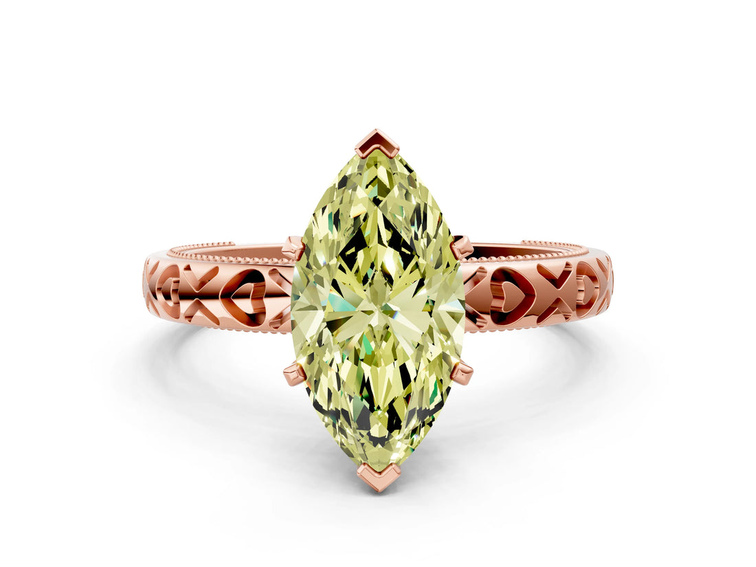 Rose gold Fancy Yellow Marquise  Solitaire Diamond Engagement Ring with XO Engraved Band and Four-Prong Setting 1