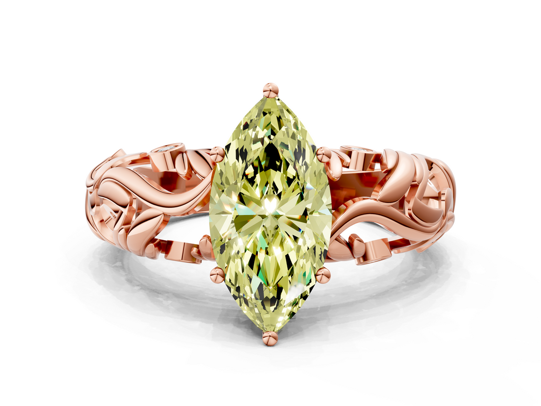 Rose gold Fancy Yellow Marquise  Solitaire Diamond Leaf Vine Band with Prong Setting