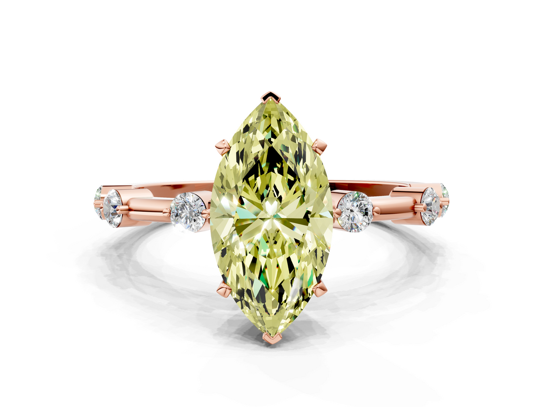 Rose gold Fancy Yellow Marquise  Solitaire Diamond Ring with Bezel Set Side Stones and Prong Setting