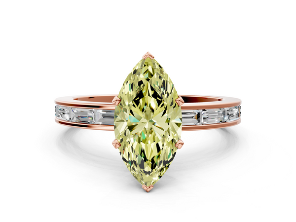 Rose gold Fancy Yellow Marquise  Solitaire Diamond Ring with Channel-Set Baguette Band and Four-Prong Setting