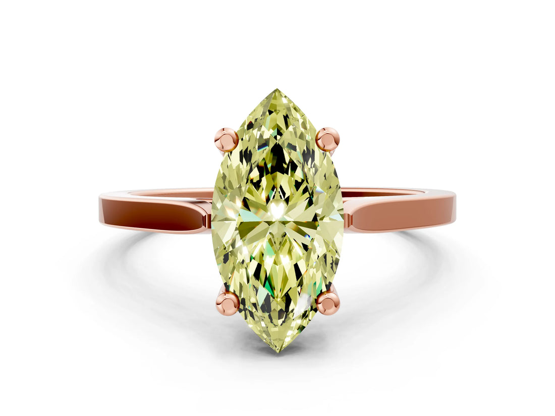 Rose gold Fancy Yellow Marquise  Solitaire Diamond Ring with Four-Prong Setting and Tapered Band 1
