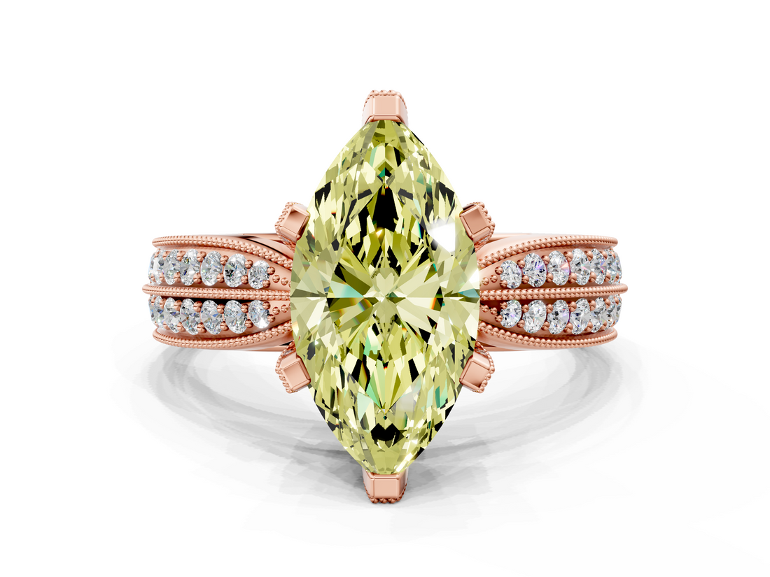 Rose gold Fancy Yellow Marquise  Solitaire Diamond Ring with Milgrain Pavé Band and Four-Prong Setting_20