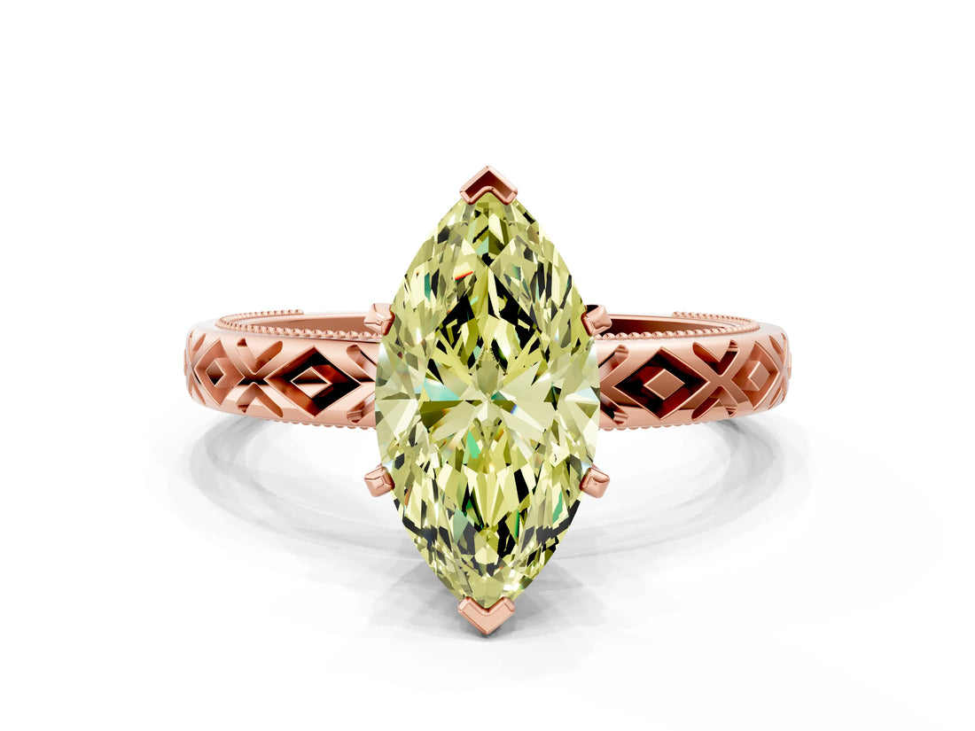 Rose gold Fancy Yellow Marquise  Solitaire Diamond Ring with Milgrain and Black Enamel X Pattern Band_29