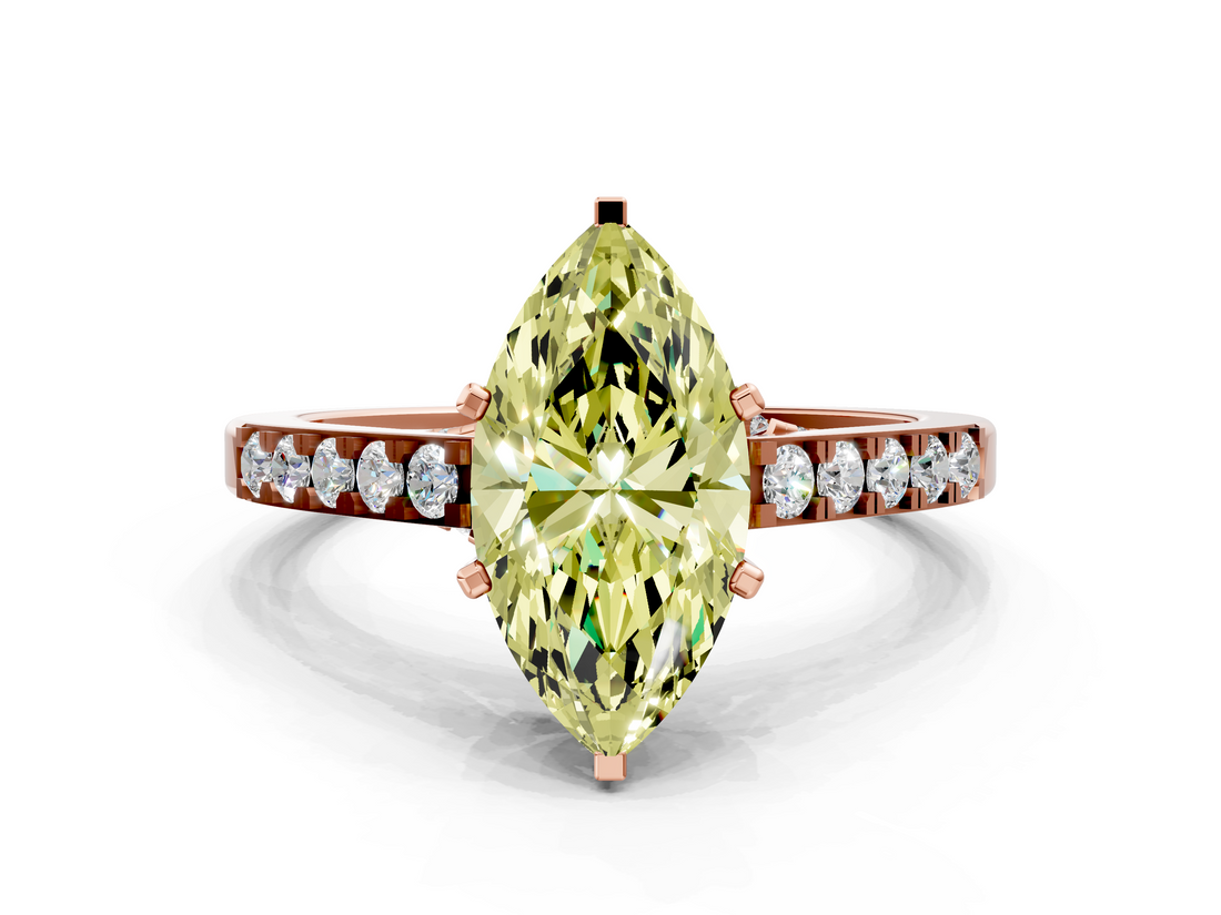 Rose gold Fancy Yellow Marquise  Solitaire Diamond Ring with Pavé Band and Four-Prong Setting