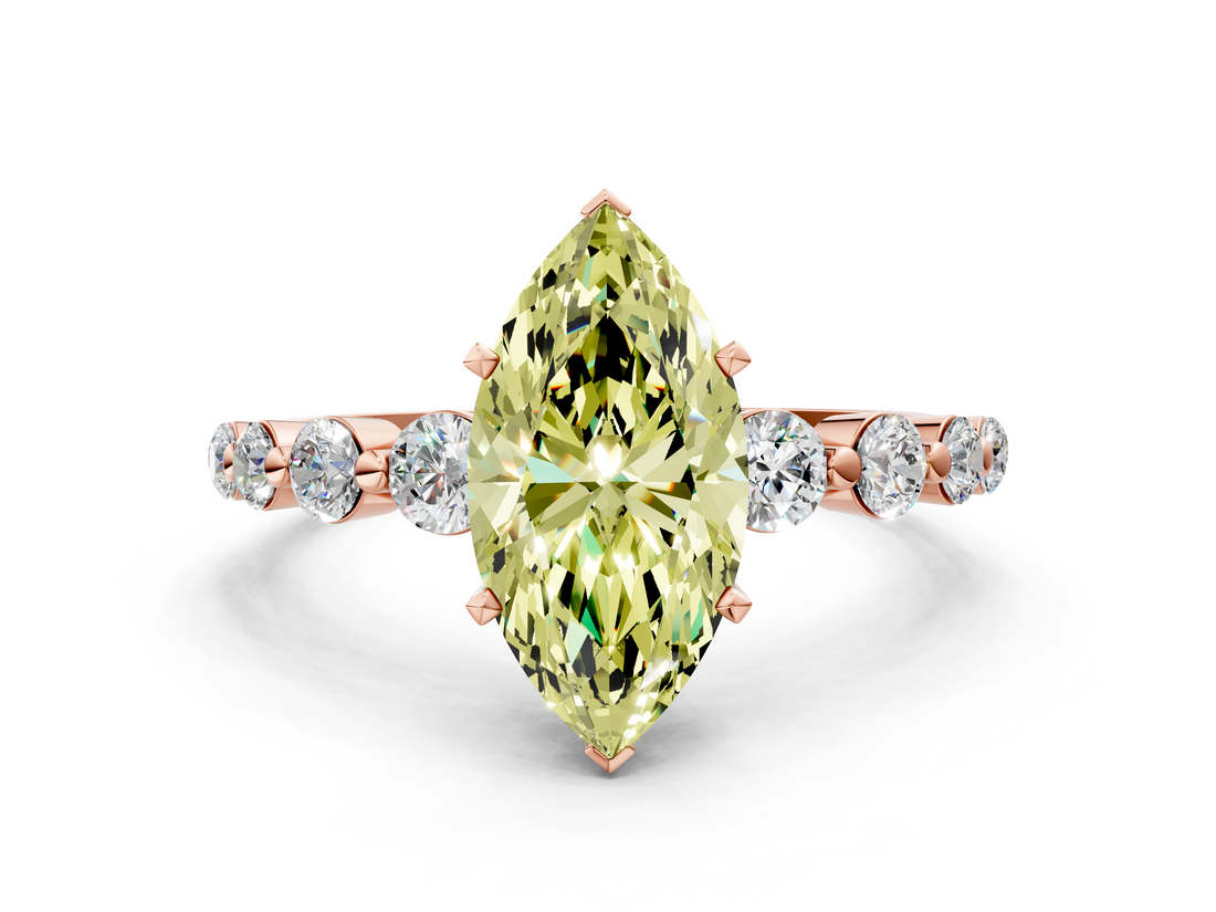 Rose gold Fancy Yellow Marquise  Solitaire Diamond Ring with Pave Band and Four-Prong Setting