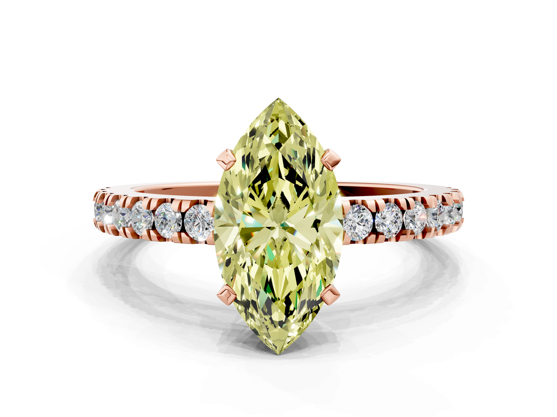Rose gold Fancy Yellow Marquise  Solitaire Diamond with Pavé Band and Four-Prong Setting