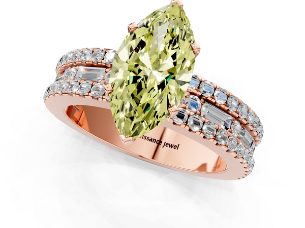 Rose gold Fancy Yellow Marquise Cut Diamond Solitaire Ring with Pavé and Channel Set Band