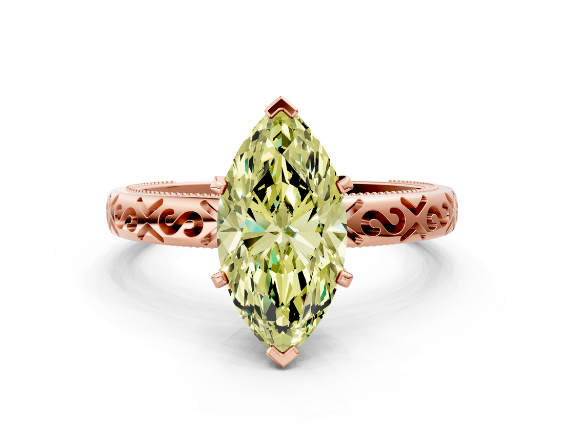 Rose gold Fancy Yellow Marquise  Solitaire Engagement Ring with Scrollwork Band and Four-Prong Setting
