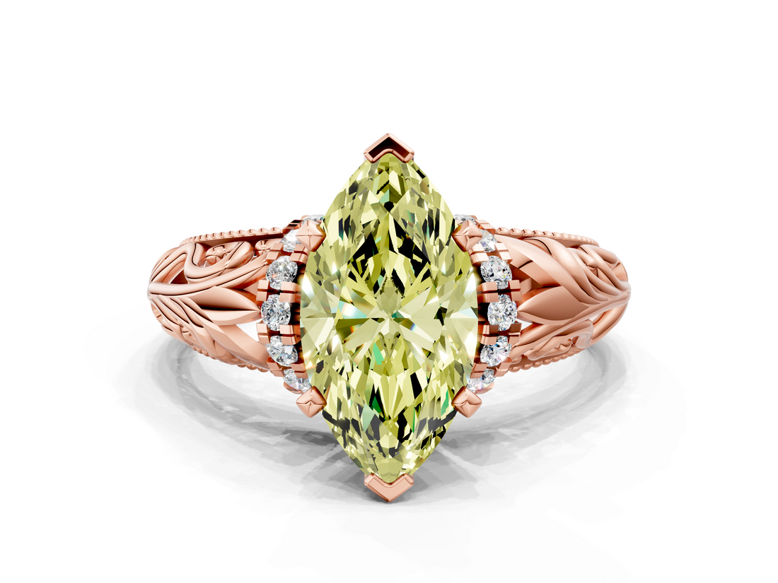 Rose gold Fancy Yellow Marquise  Solitaire Filigree Engagement Ring with Halo and Prong Setting