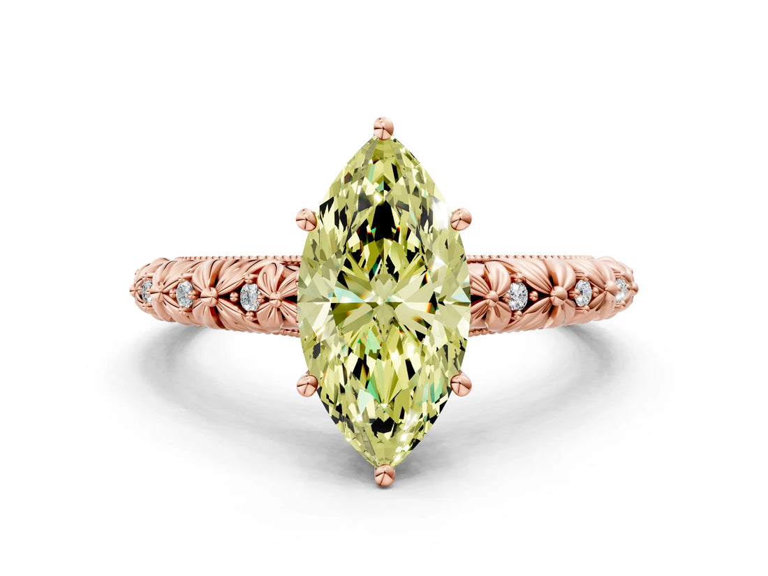 Rose gold Fancy Yellow Marquise  Solitaire Floral Milgrain Engagement Ring_31