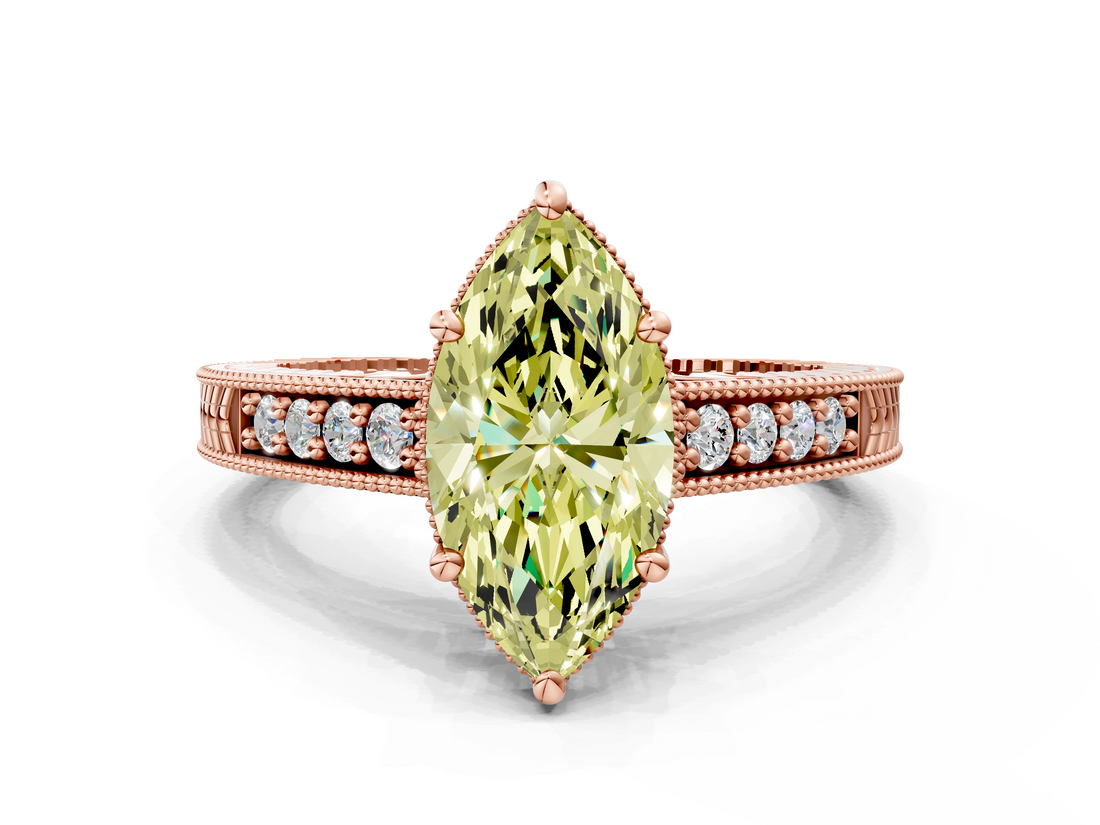 Rose gold Fancy Yellow Marquise  Solitaire Pavé Diamond Milgrain Engagement Ring with Four-Prong Setting