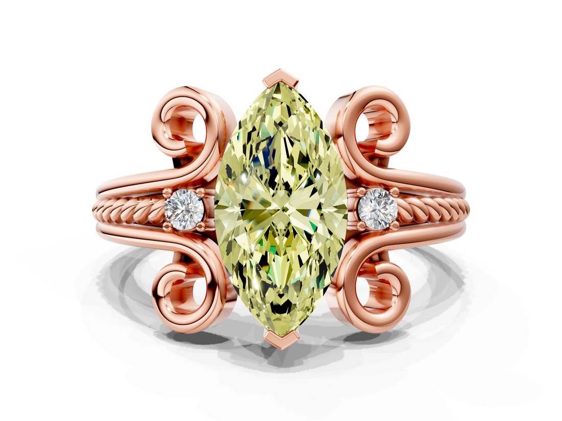Rose gold Fancy Yellow Marquise  Solitaire Twisted Band Scroll Prong Ring_3
