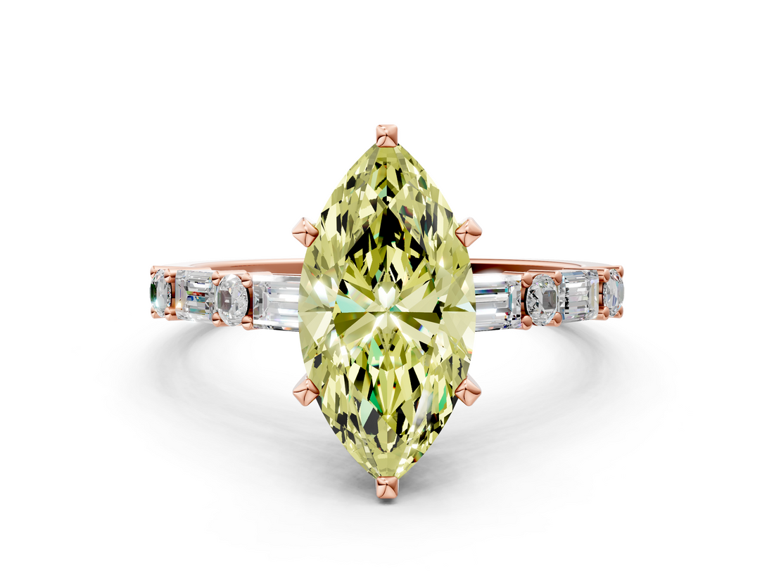 Rose gold Fancy Yellow Marquise  Solitaire with Side Baguettes and Channel Set Band