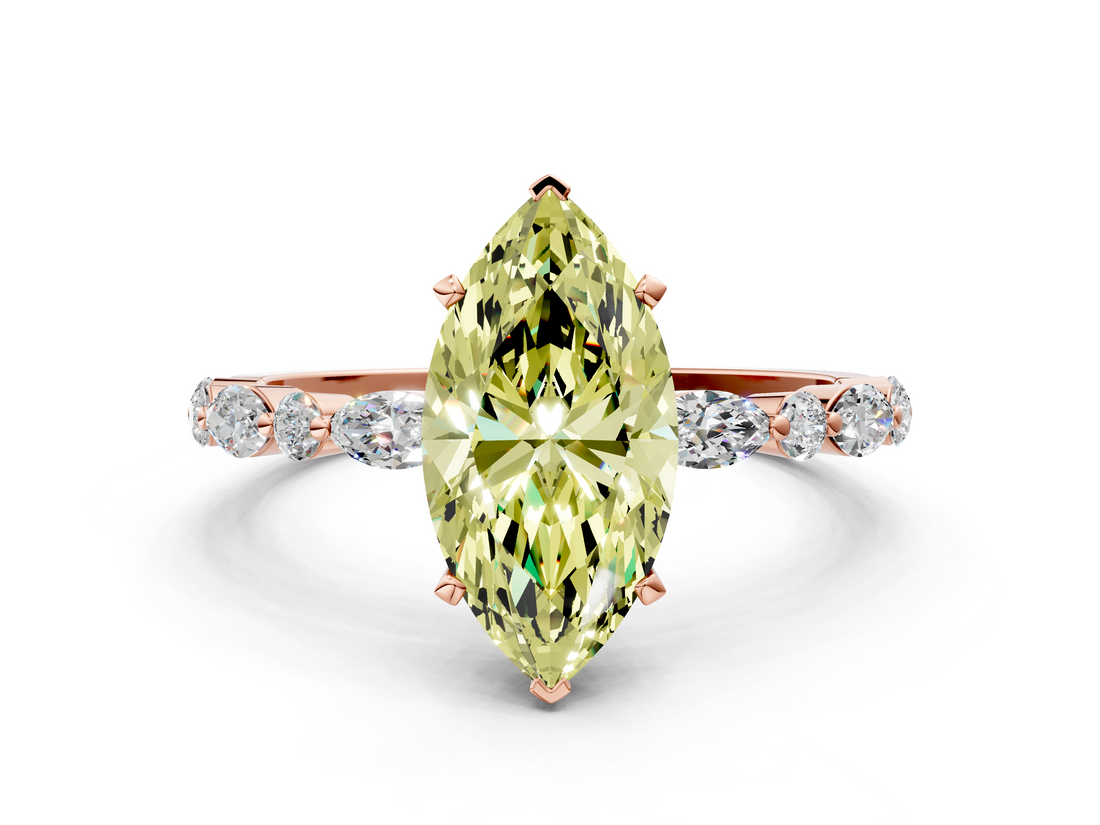 Rose gold Fancy Yellow Marquise  Solitaire with Side Stones on a Pavé Band and Four-Prong Setting