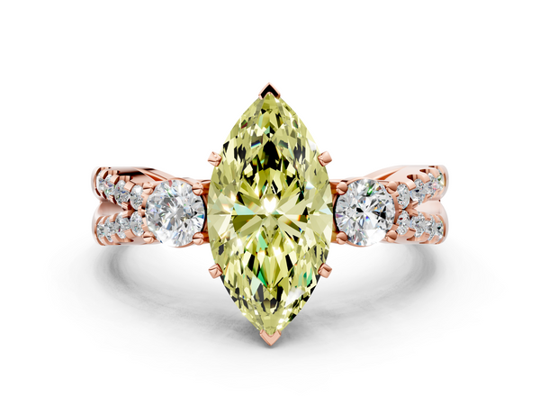 Rose gold Fancy Yellow Marquise Cut Diamond Three-Stone Ring with Pavé Split Shank and Four-Prong Setting