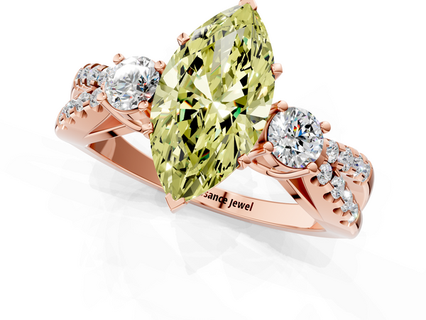 Rose gold Fancy Yellow Marquise Cut Diamond Three-Stone Ring with Pavé Split Shank and Four-Prong Setting