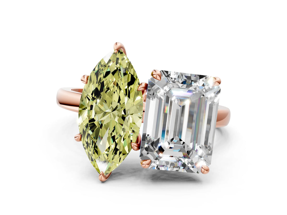 Rose gold Fancy Yellow Marquise  and Emerald Cut Toi Moi Ring with Prong Setting_29