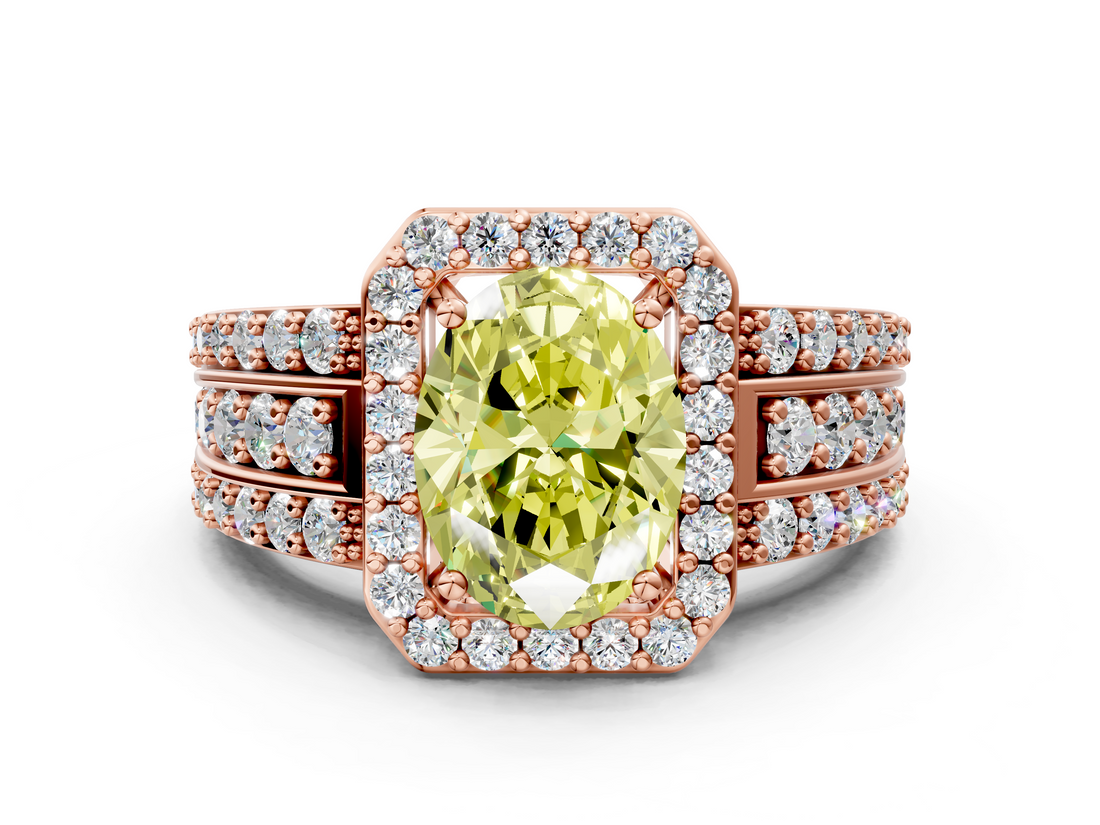 Rose gold Fancy Yellow Oval -Cut Halo Diamond Ring with Split Shank and Four-Prong Setting_91