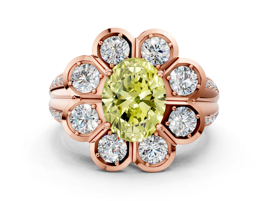 Rose gold Fancy Yellow Oval  Brilliant Flower Halo Diamond Split Shank Ring_45