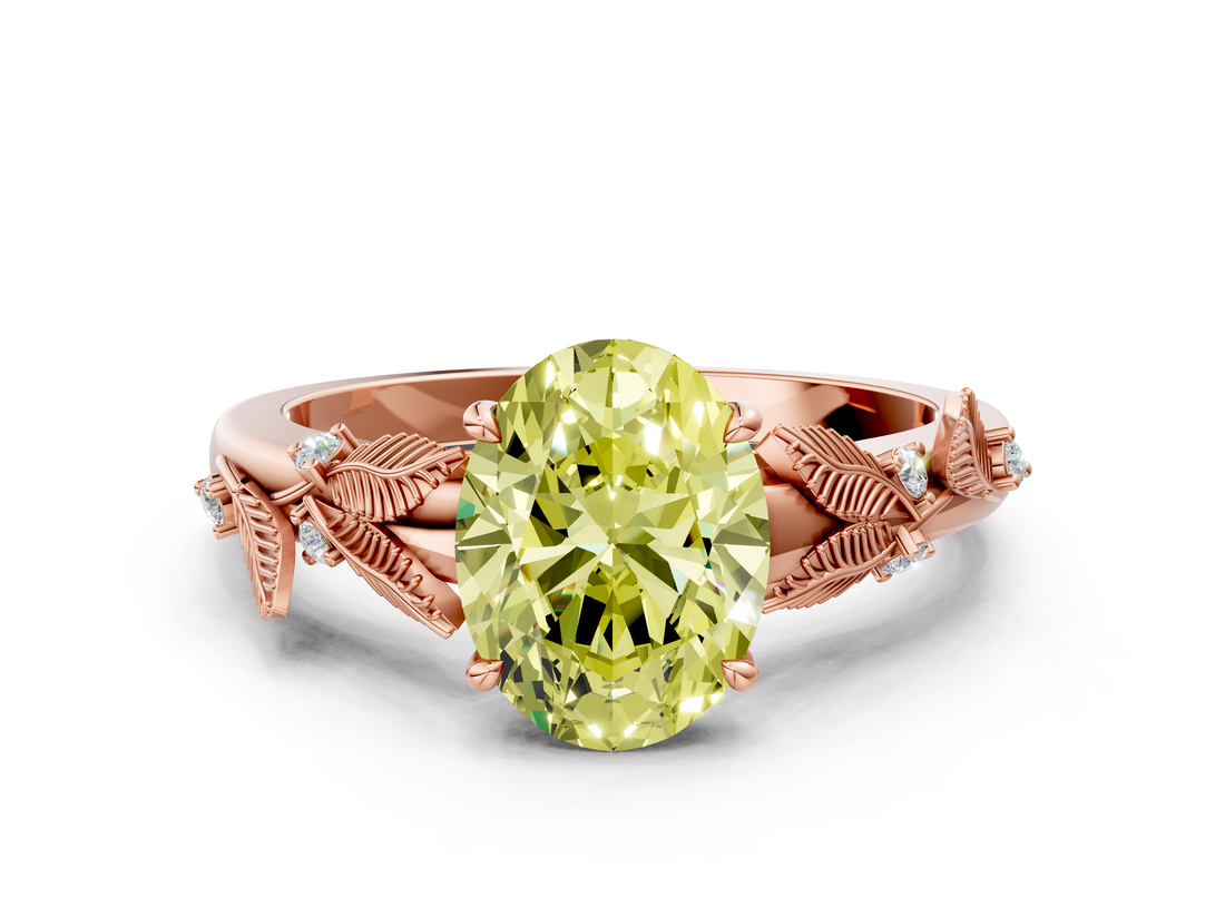Rose gold Fancy Yellow Oval  Brilliant Solitaire with Leaf Motif Band and Four-Prong Setting_67