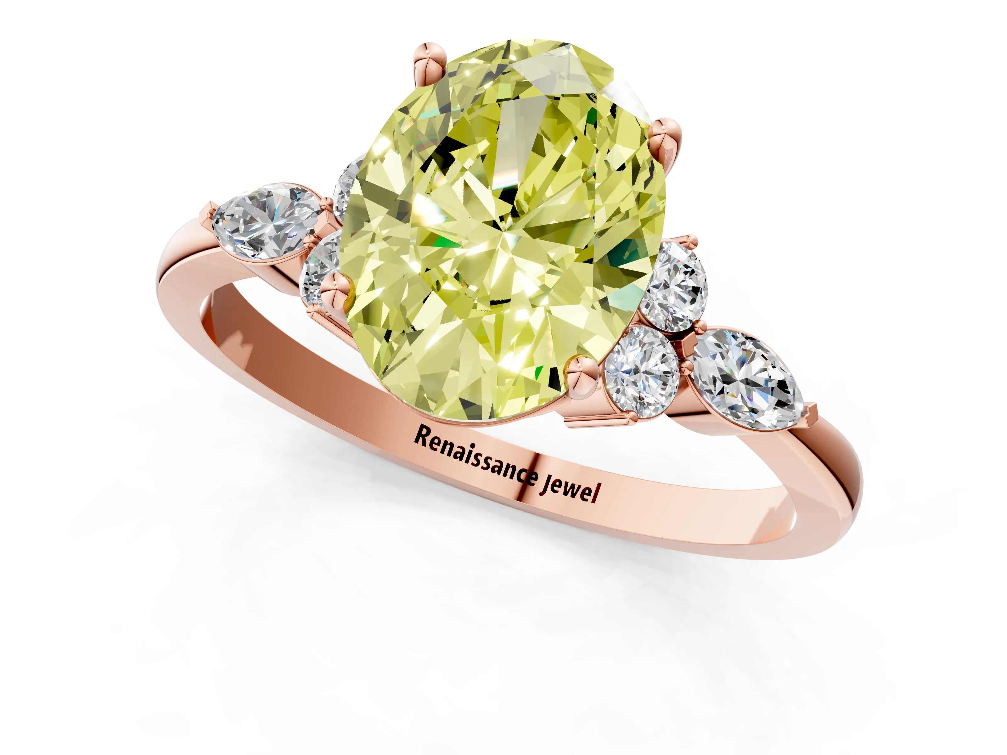 Rose gold Fancy Yellow Oval Cut Brilliant Diamond Solitaire Ring with Pear Side Stones and Four-Prong Setting_4