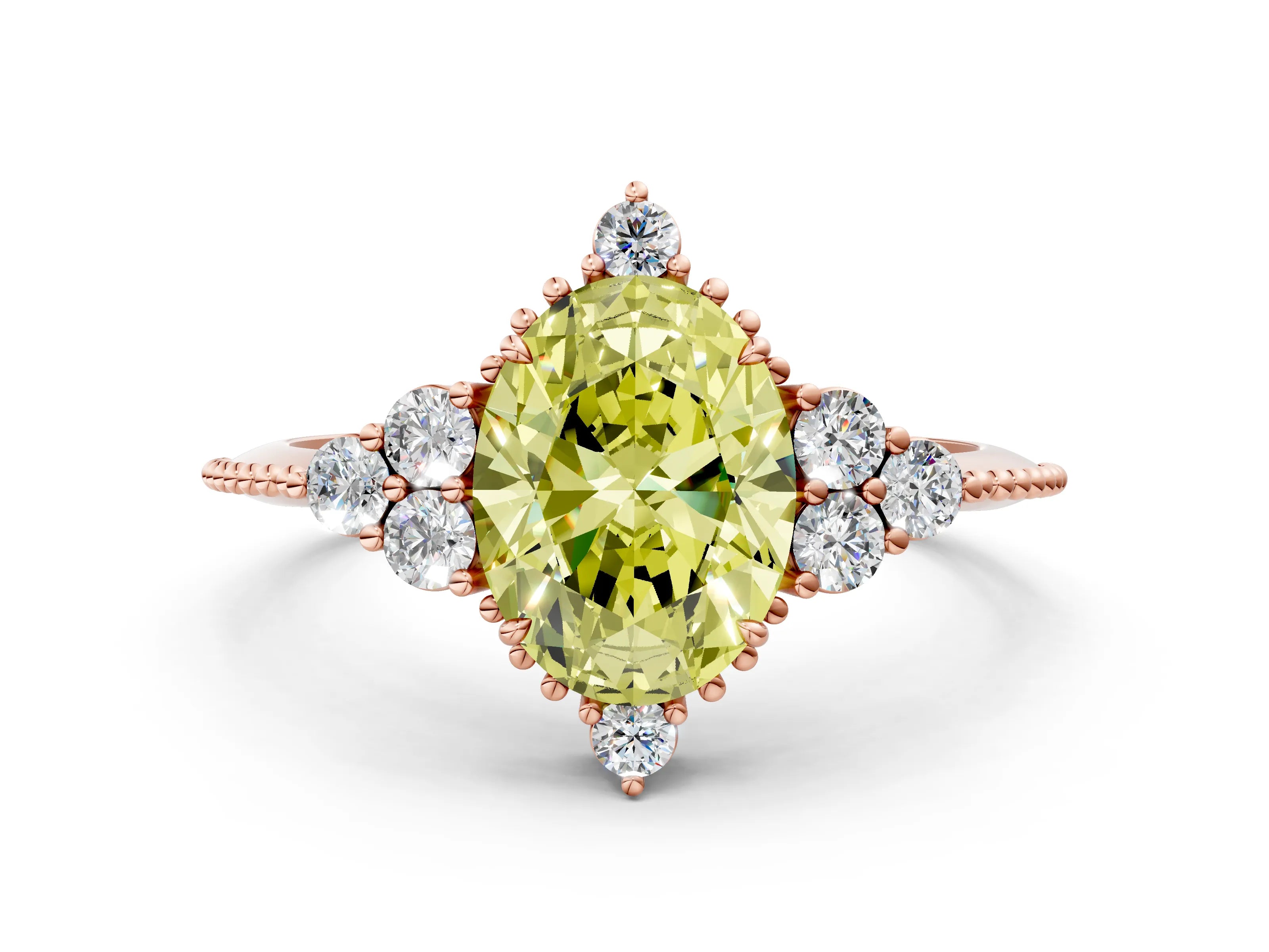 Rose gold Fancy Yellow Oval Cut Brilliant Diamond with Cluster Setting on a Beaded Band and Four-Prong Setting