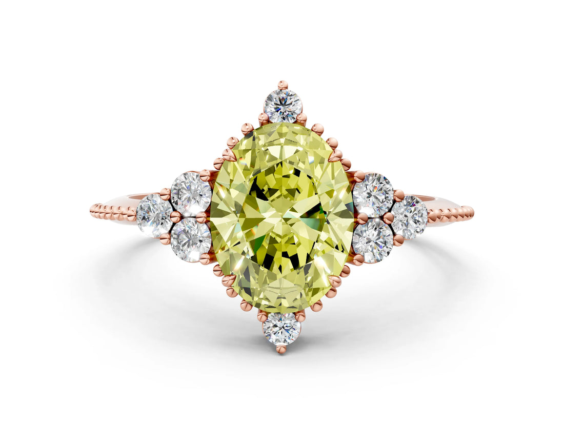 Rose gold Fancy Yellow Oval Cut Brilliant Diamond with Cluster Setting on a Beaded Band and Four-Prong Setting