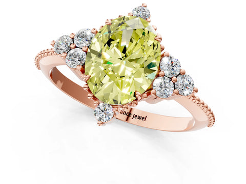 Rose gold Fancy Yellow Oval Cut Brilliant Diamond with Cluster Setting on a Beaded Band and Four-Prong Setting_1