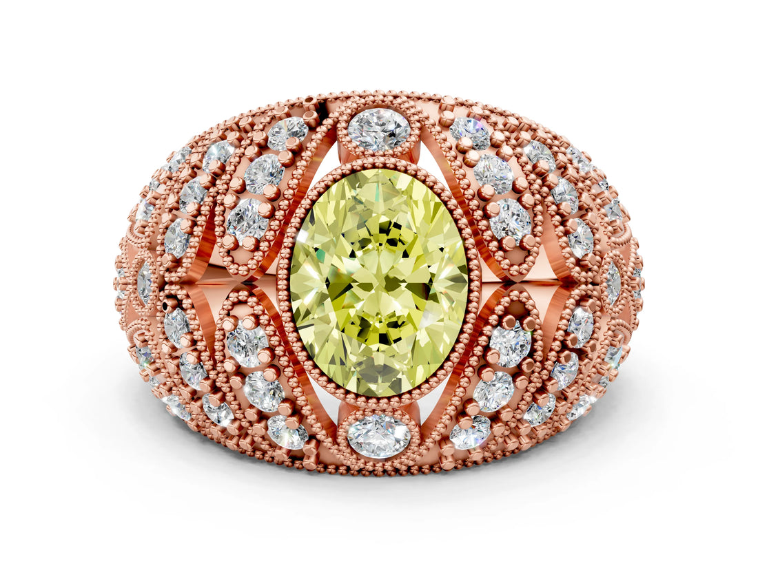 Rose gold Fancy Yellow Oval Cut Brilliant Halo Pave Diamond Milgrain Ring