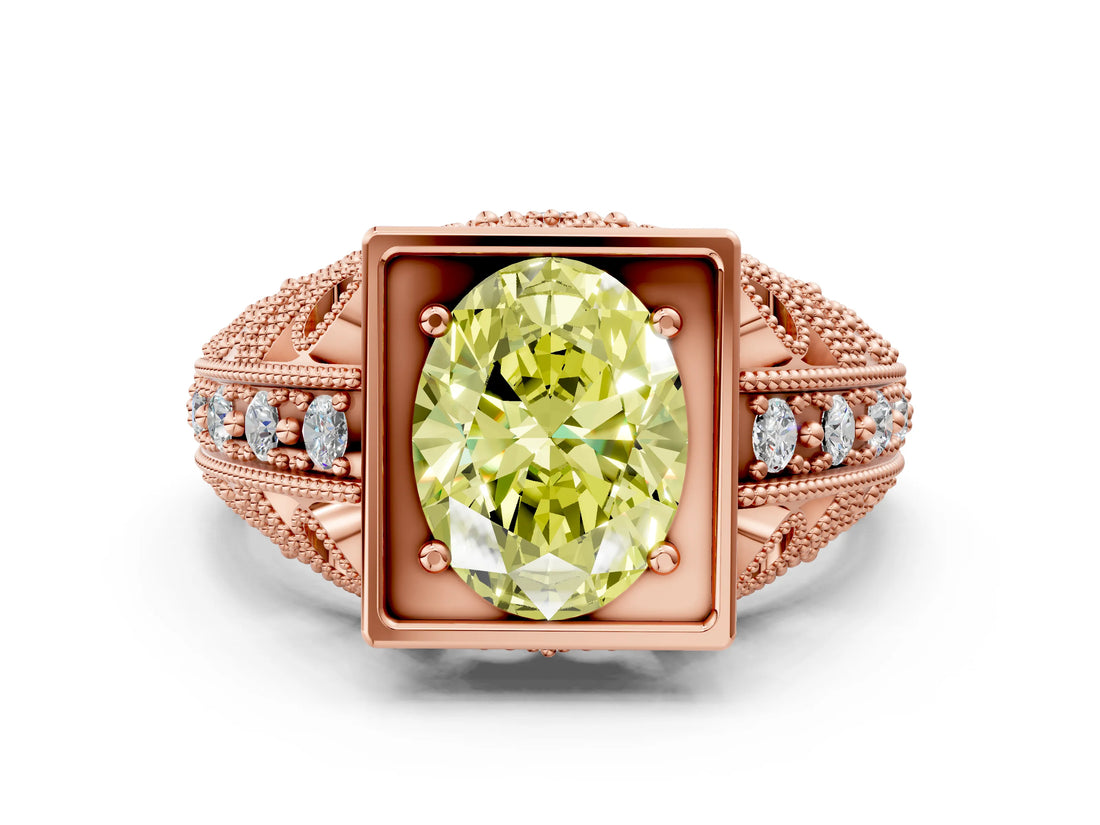 Rose gold Fancy Yellow Oval Cut Brilliant Milgrain Filigree Diamond Ring with Square Prong Setting_6