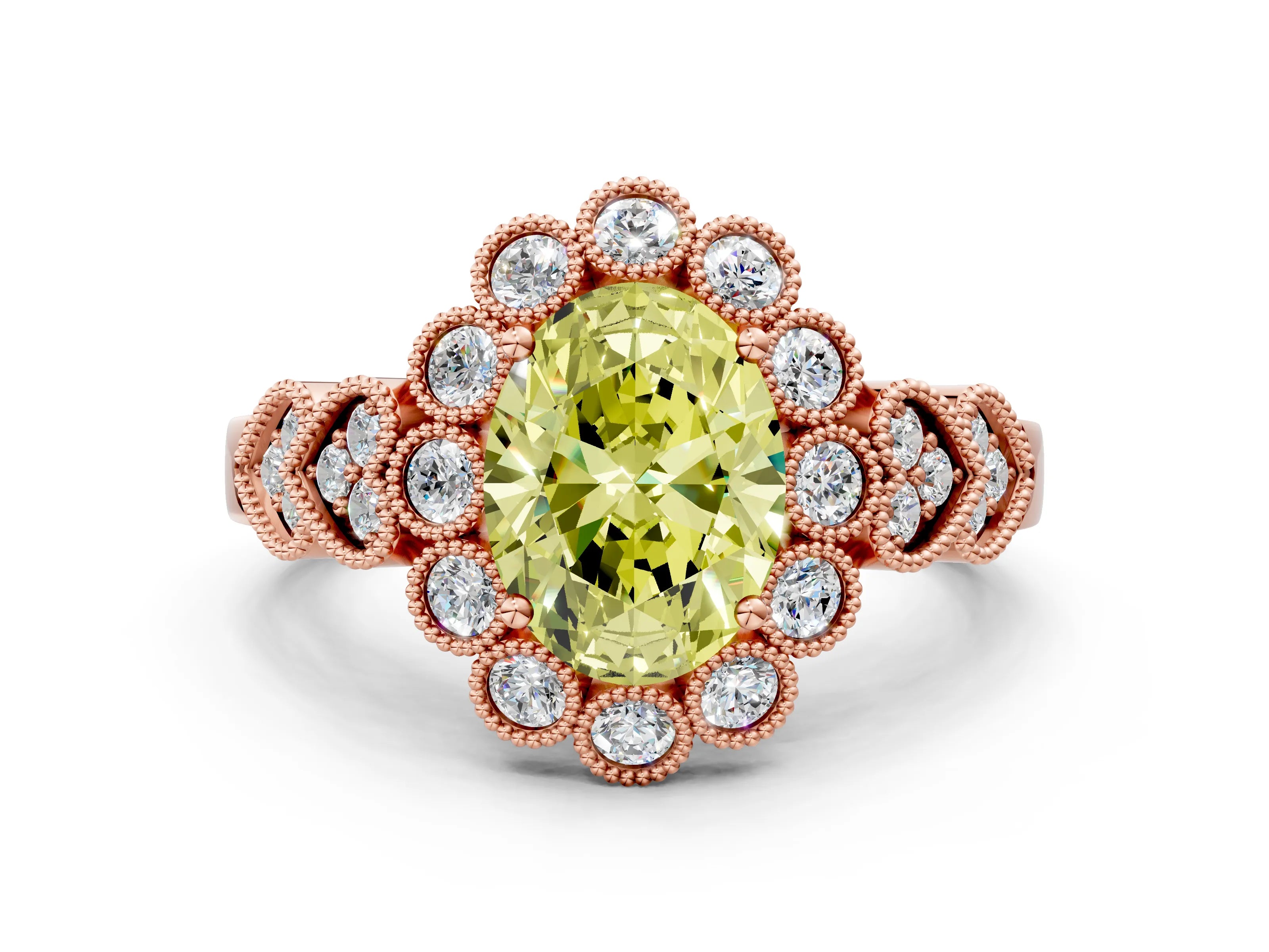 Rose gold Fancy Yellow Oval Cut Brilliant Milgrain Pave Heart Band Solitaire Ring