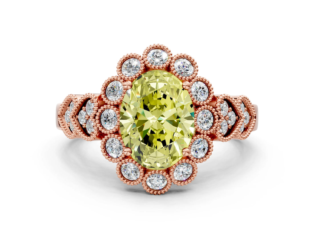 Rose gold Fancy Yellow Oval Cut Brilliant Milgrain Pave Heart Band Solitaire Ring