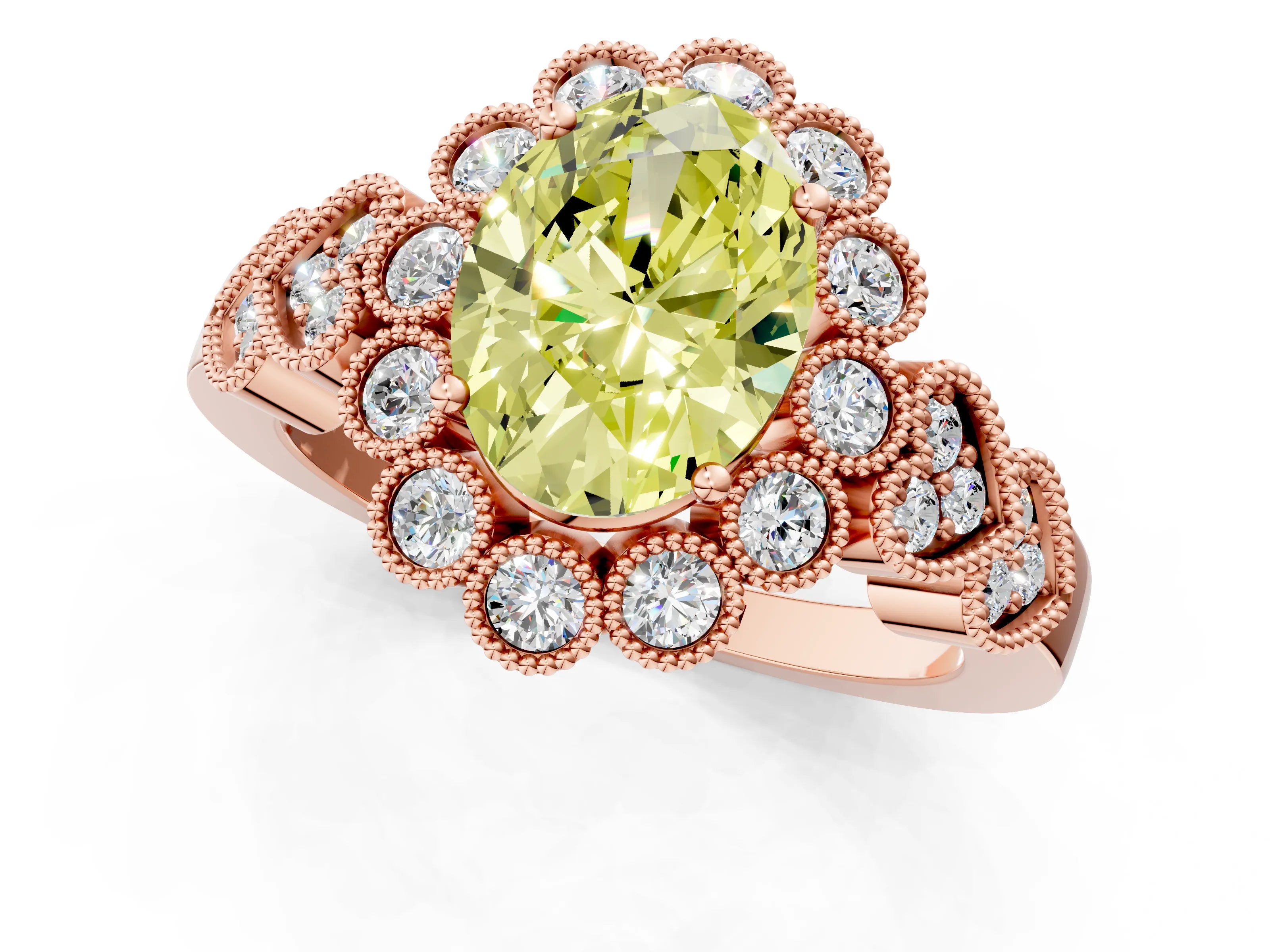 Rose gold Fancy Yellow Oval Cut Brilliant Milgrain Pave Heart Band Solitaire Ring_1