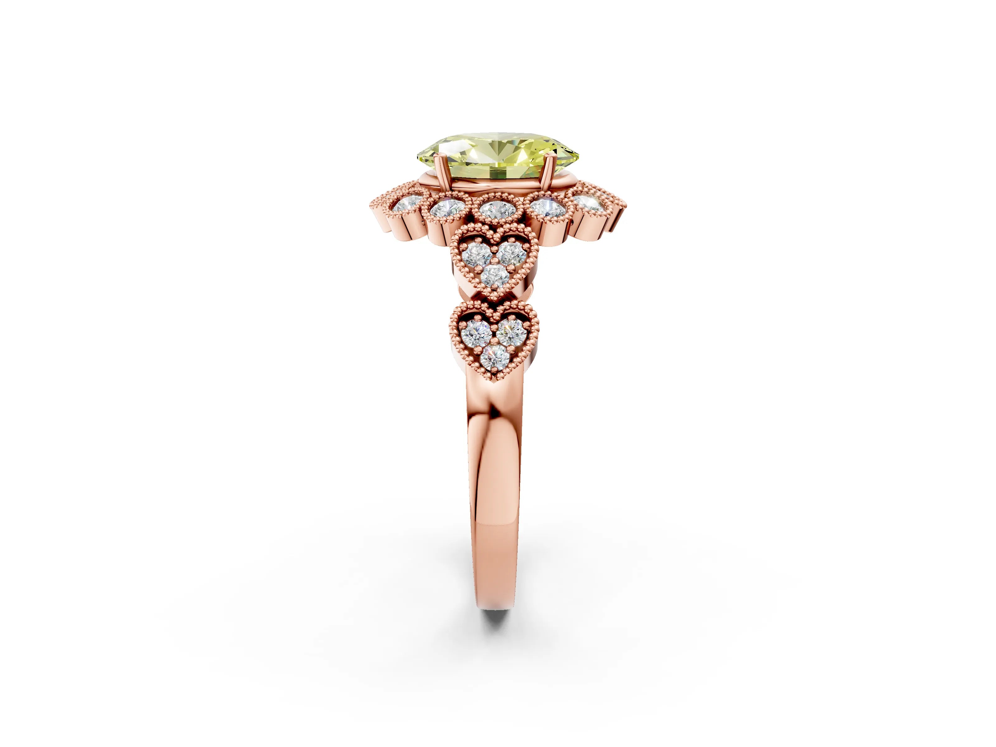 Rose gold Fancy Yellow Oval Cut Brilliant Milgrain Pave Heart Band Solitaire Ring_2