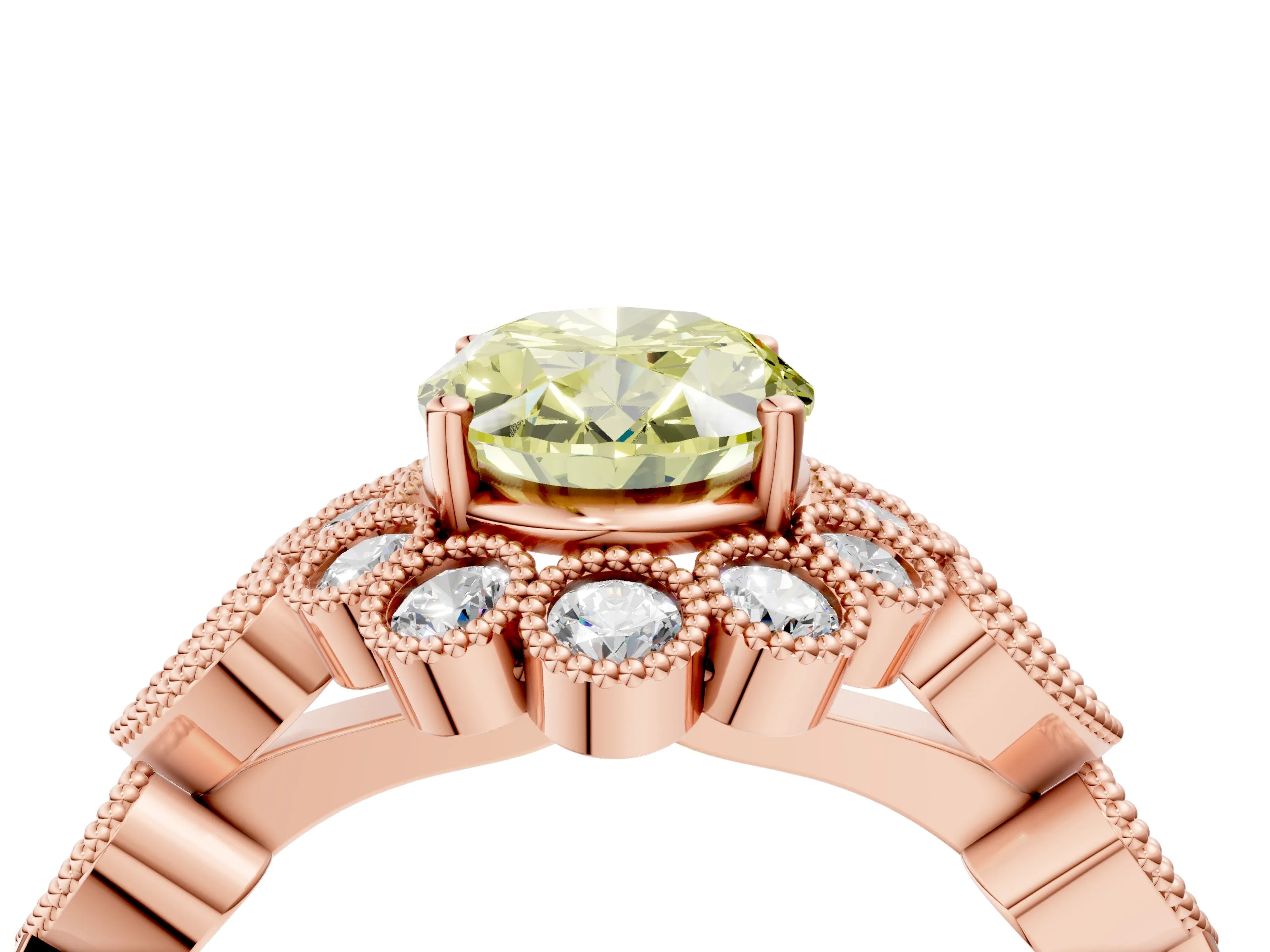 Rose gold Fancy Yellow Oval Cut Brilliant Milgrain Pave Heart Band Solitaire Ring_4