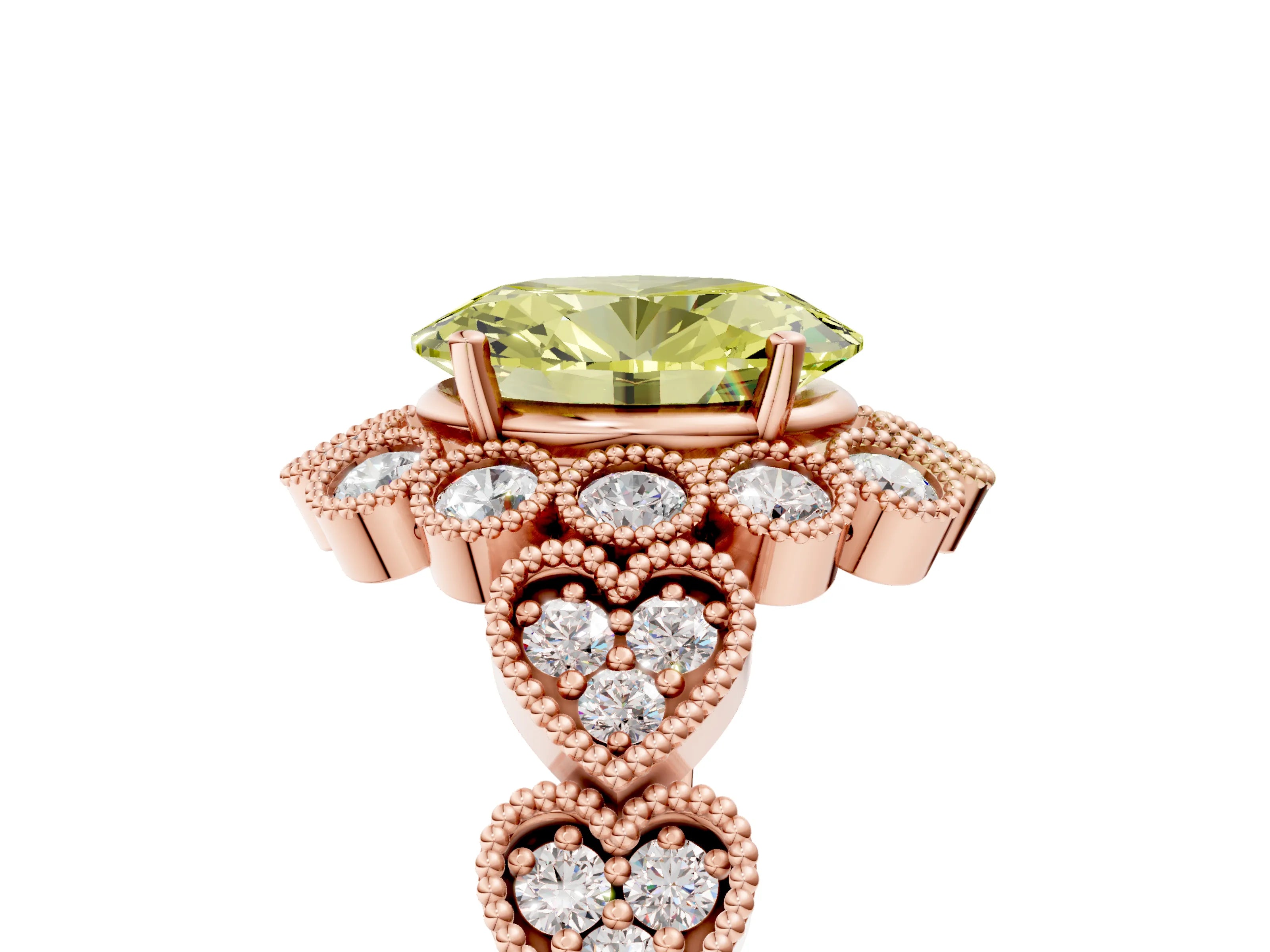Rose gold Fancy Yellow Oval Cut Brilliant Milgrain Pave Heart Band Solitaire Ring_5