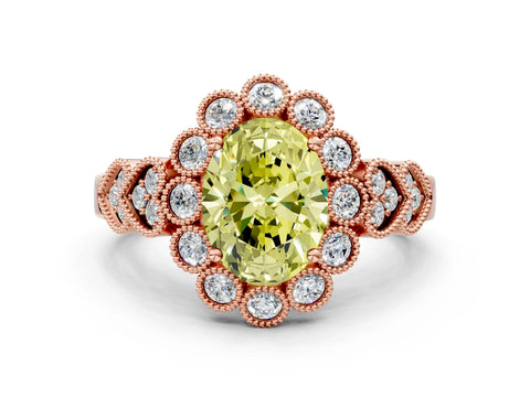 Rose gold Fancy Yellow Oval Cut Brilliant Milgrain Pave Heart Band Solitaire Ring