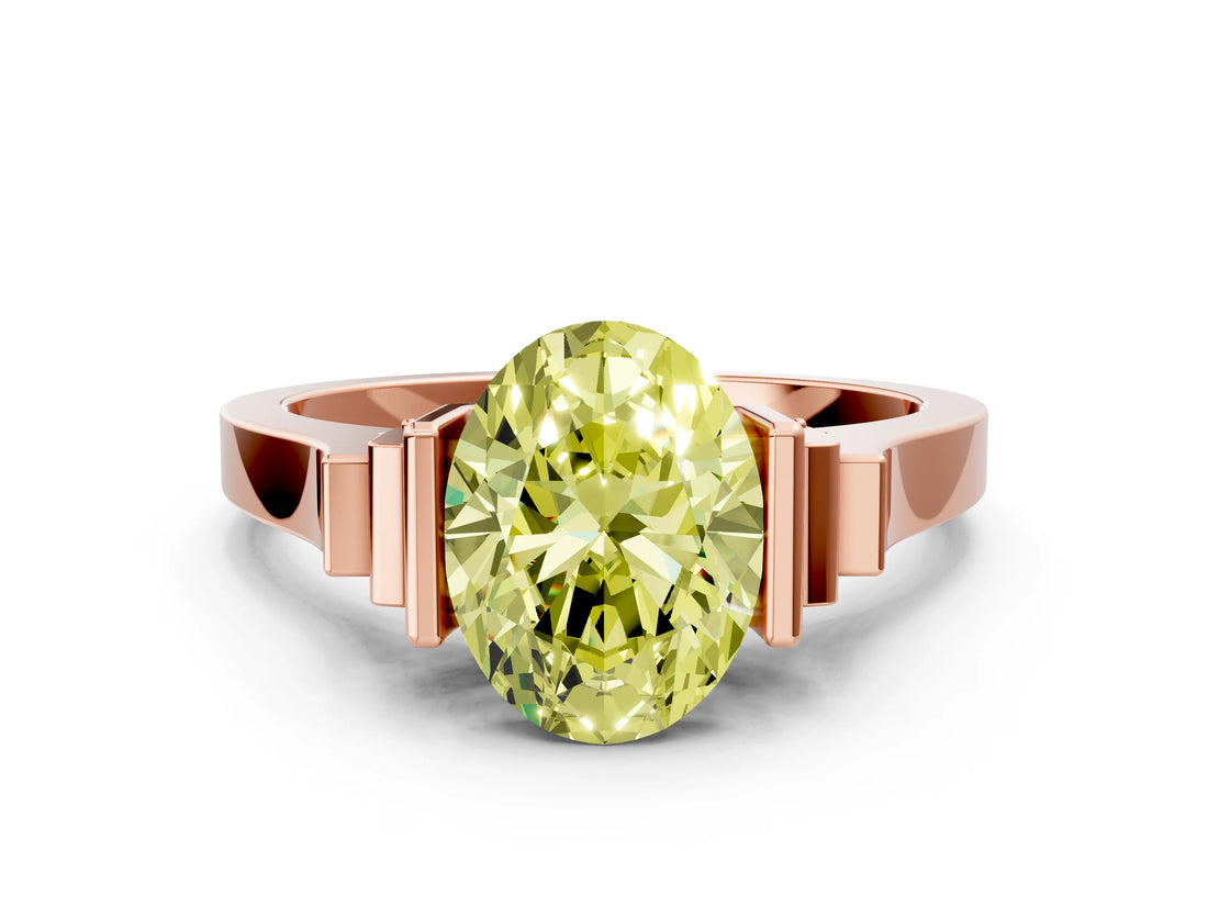 Rose gold Fancy Yellow Oval Cut Brilliant Solitaire Diamond Ring with Channel Set Band and Bar Prong Setting