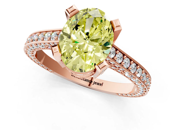 Rose gold Fancy Yellow Oval Cut Brilliant Split Shank Pave Solitaire Ring with Four-Prong Setting