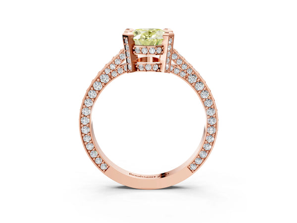 Rose gold Fancy Yellow Oval Cut Brilliant Split Shank Pave Solitaire Ring with Four-Prong Setting
