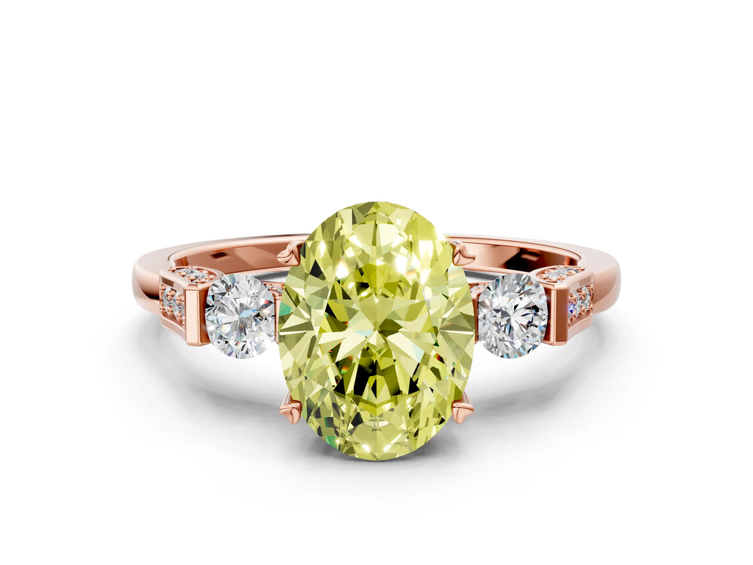 Rose gold Fancy Yellow Oval Cut Brilliant Three-Stone Pave Band with Four-Prong Setting