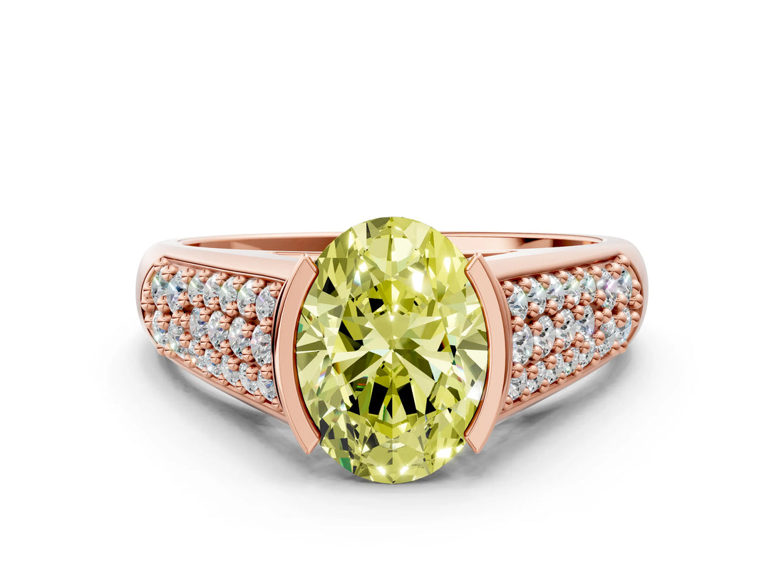 Rose gold Fancy Yellow Oval Cut Cut Diamond Channel Set Pave Band with Tension Prong Setting