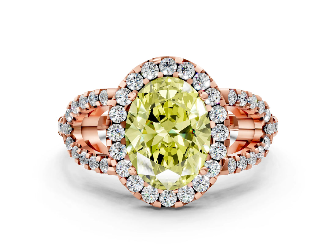 Rose gold Fancy Yellow Oval Cut Cut Diamond Halo Engagement Ring with Open Split Pavé Band
