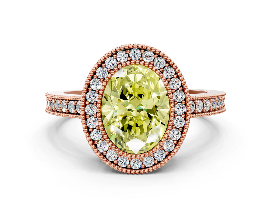 Rose gold Fancy Yellow Oval Cut-Cut Diamond Halo Engagement Ring with Pave Band and Prong Setting