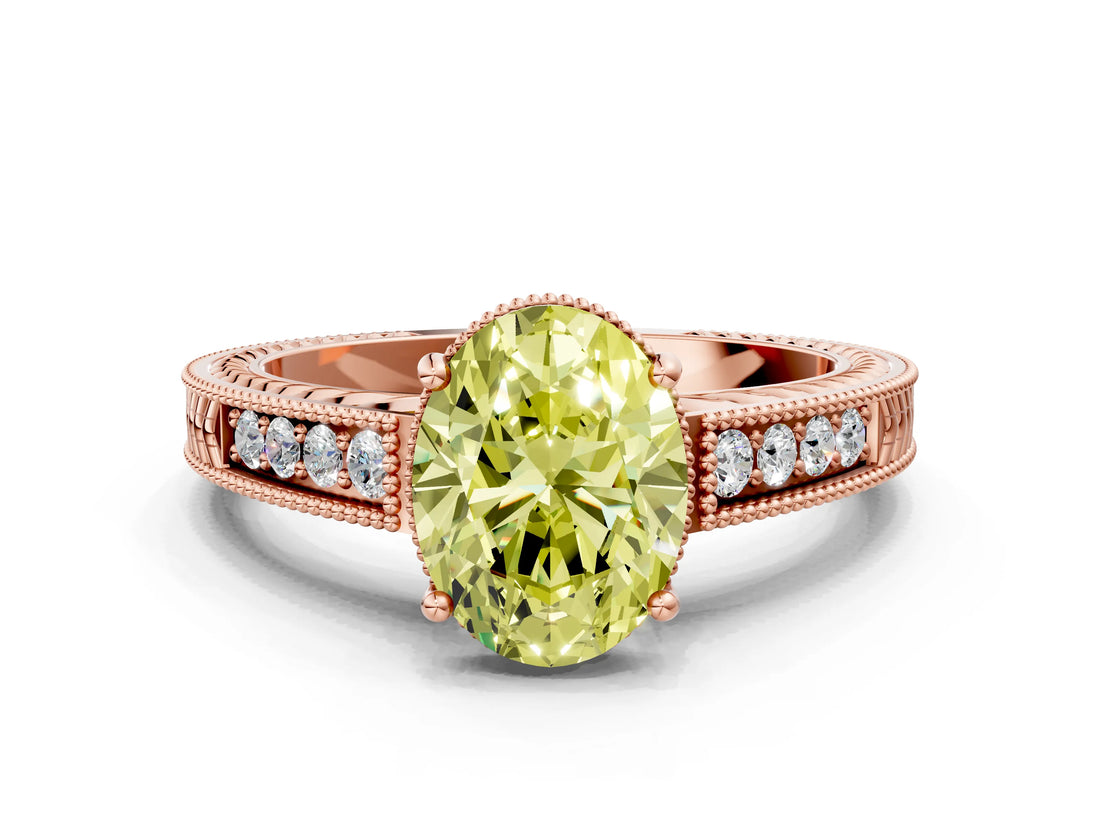 Rose gold Fancy Yellow Oval Cut Cut Diamond Milgrain Pave Band Four-Prong Setting Ring_3