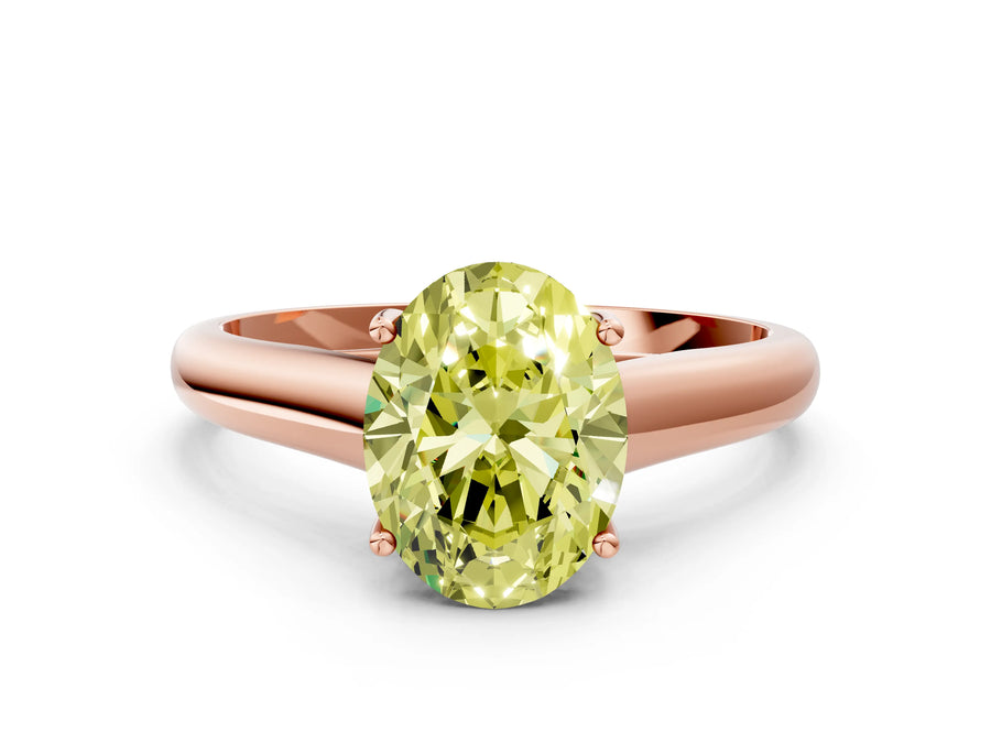 Rose gold Fancy Yellow Oval Cut Cut Diamond Solitaire Engagement Ring with Tapered Plain Band and Four-Prong Setting