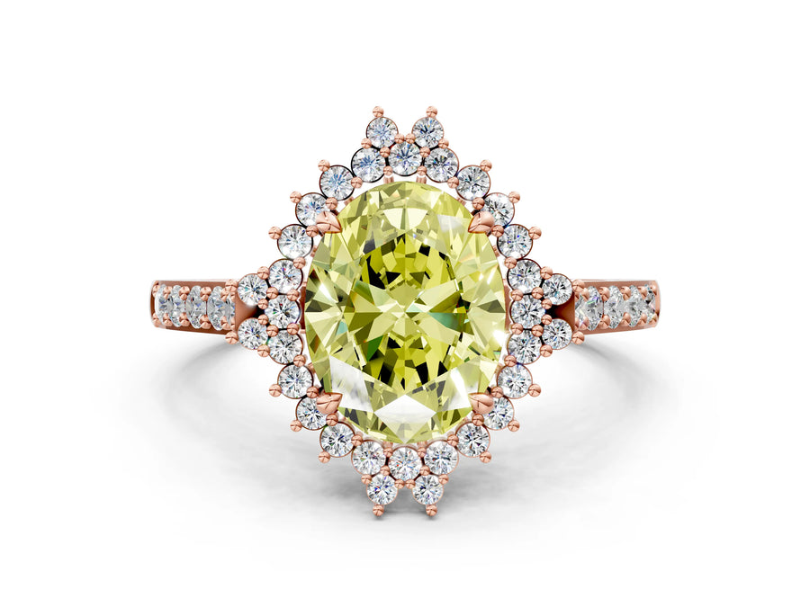 Rose gold Fancy Yellow Oval Cut Cut Diamond Sunburst Halo Engagement Ring with Pavé Band