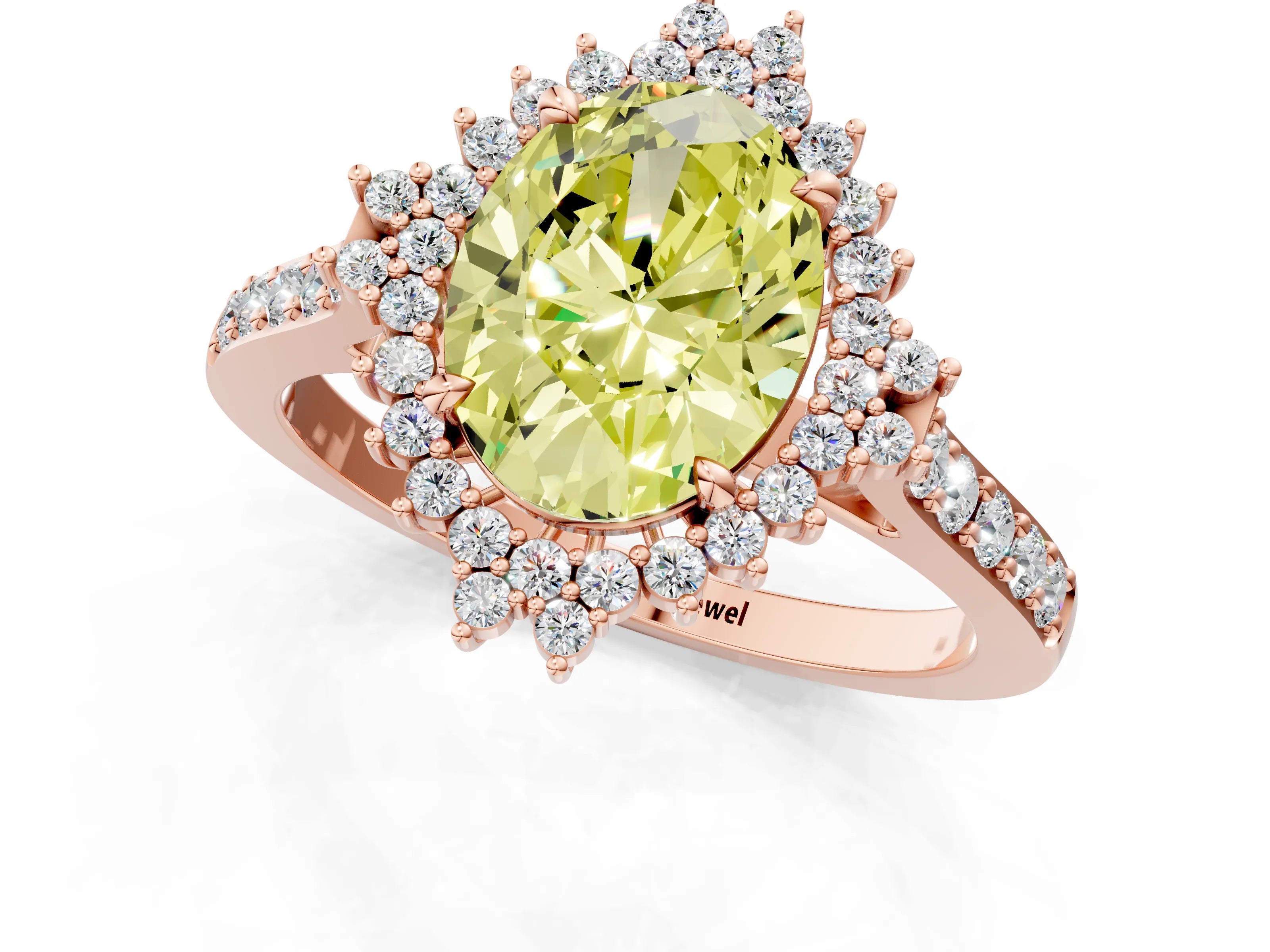 Rose gold Fancy Yellow Oval Cut Cut Diamond Sunburst Halo Engagement Ring with Pavé Band_1